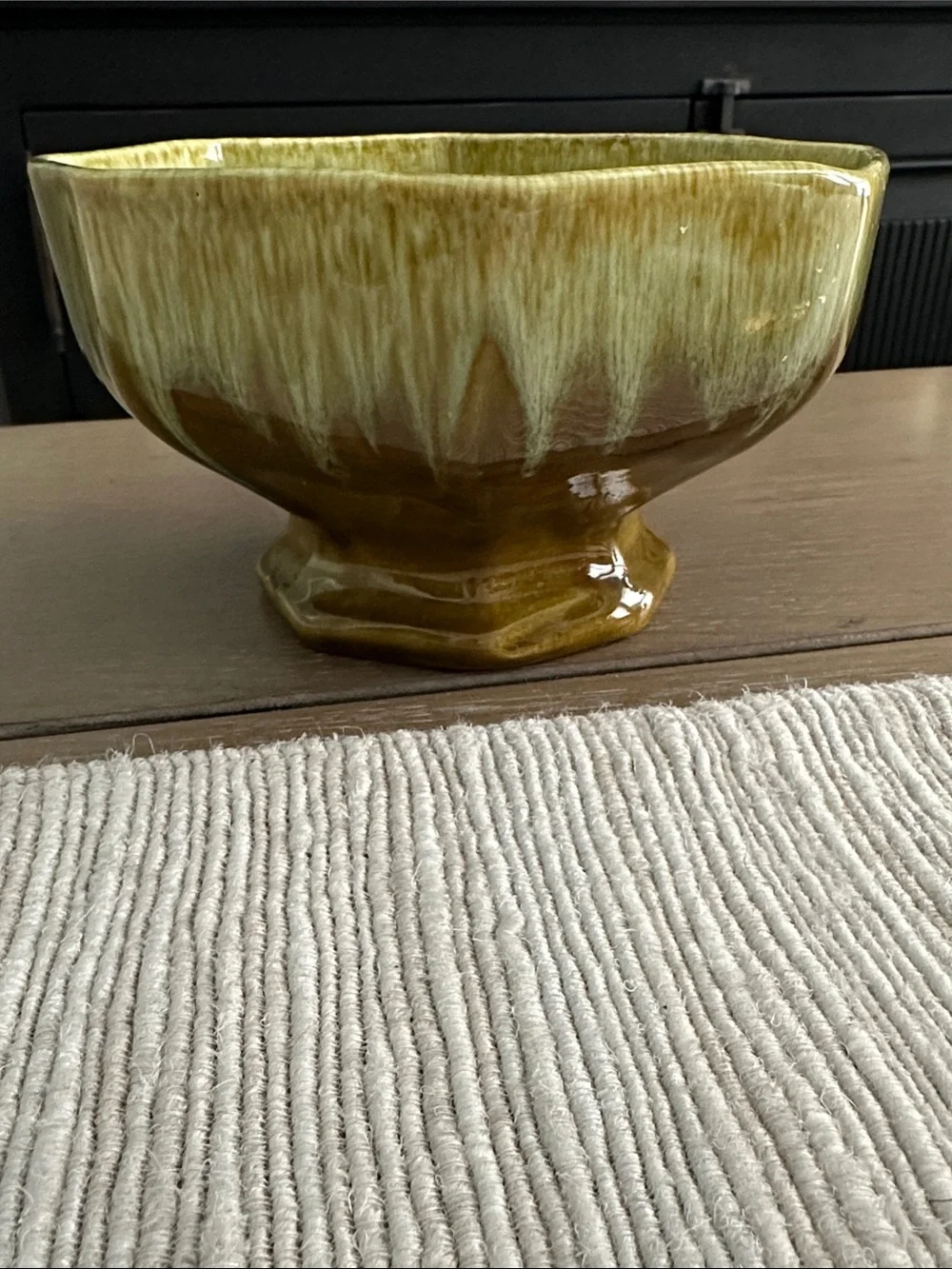 Vintage Olive Green Drip-Glazed Pedestal Vase